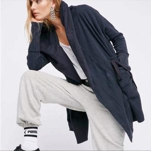 Free People Brentwood Cardi Cotton Navy Blue Hooded Sweatshirt Cardigan